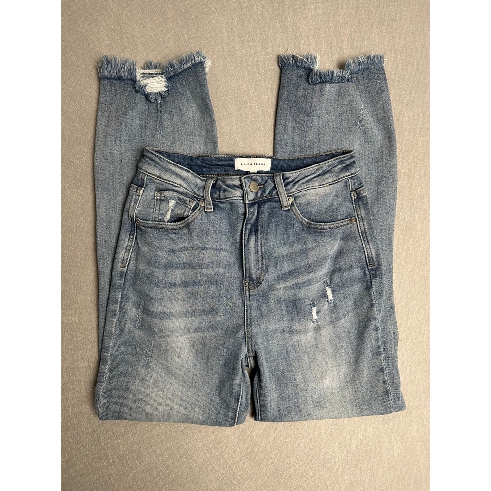 Risen Jeans High Rise Distressed Straight Leg Frayed Hem Denim Light Wash 7/28 - Picture 8 of 8